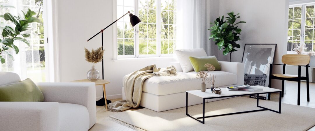 Un salon montrant une déco cocooning avec des meubles clairs et des plantes.