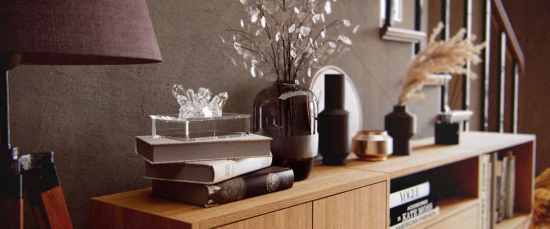 Un buffet bas MYCS décoré avec des éléments naturels.