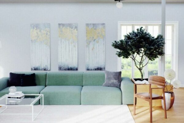 pastellgrünes MYCS Sofa PYLLOW in weißem Wohnzimmer