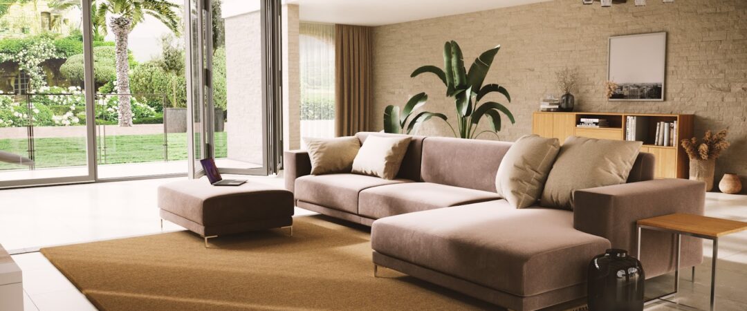 Wohnlandschaft aus braunem Samt in Wohnzimmer