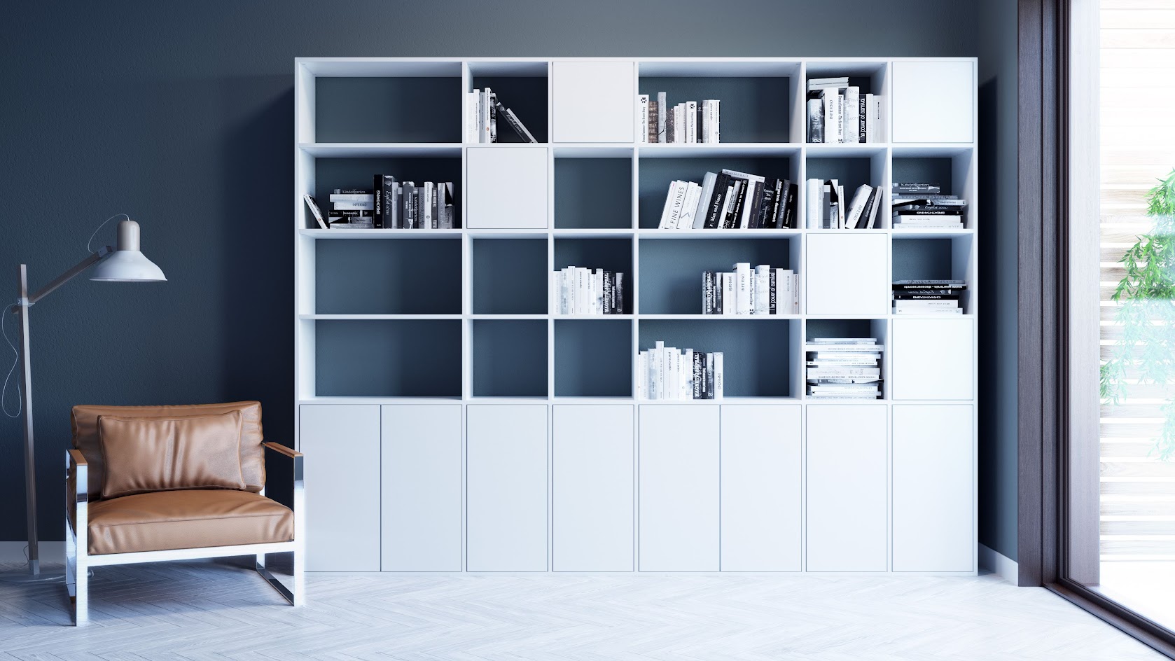 Une grande étagère blanche au design moderne constituée de rayonnages ouvertes et de compartiments fermés.