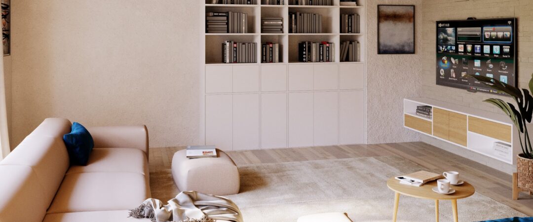 gemuetliches Wohnzimmer mit Sofas Bücherwand und Sideboard