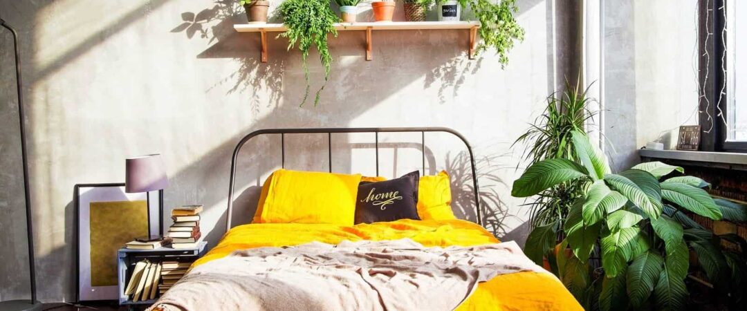 kleines Schlafzimmer mit Bett, Nachttisch und Pflanzen