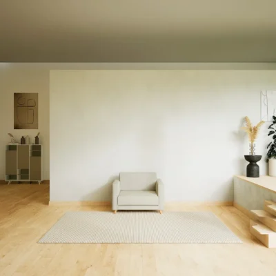 Fauteuil TYME en textille tissé, couleur blanc crème.