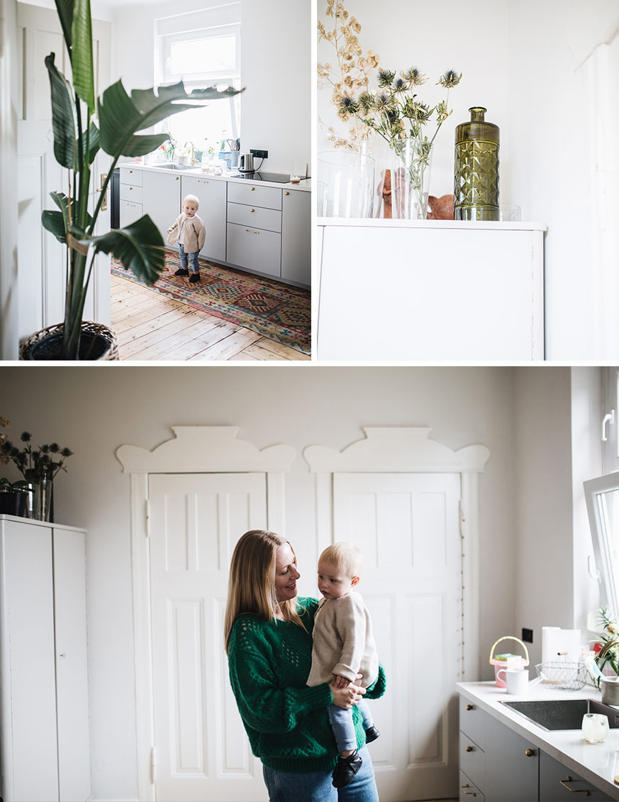Collage aus Bildern des Küchenbereichs in der Villa Peng mit Alexa von Heyden und ihrer Tochter 