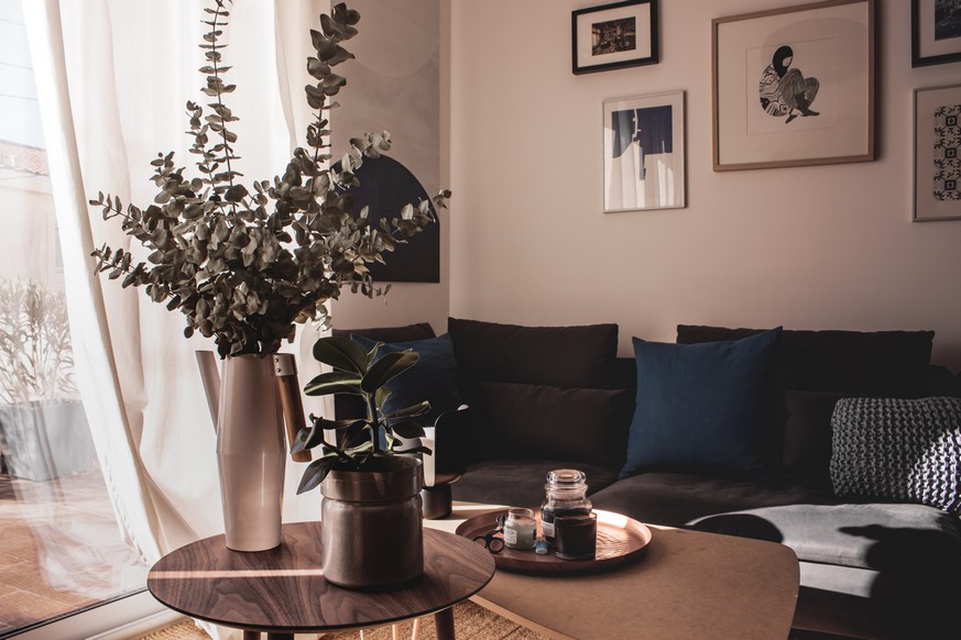 Wohnzimmer mit braunem Sofa, blauen Kissen, MYCS Couchtisch in Nussbaum und dekorativen Accessoires