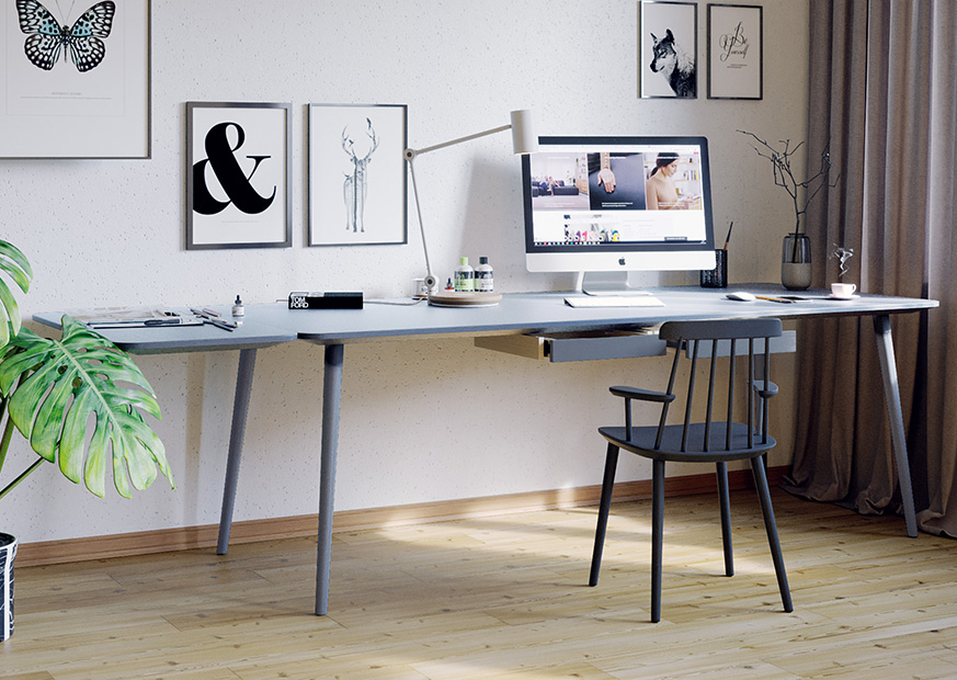 Une table avec des rallonges pour créer un coin bureau confortable et modulable.