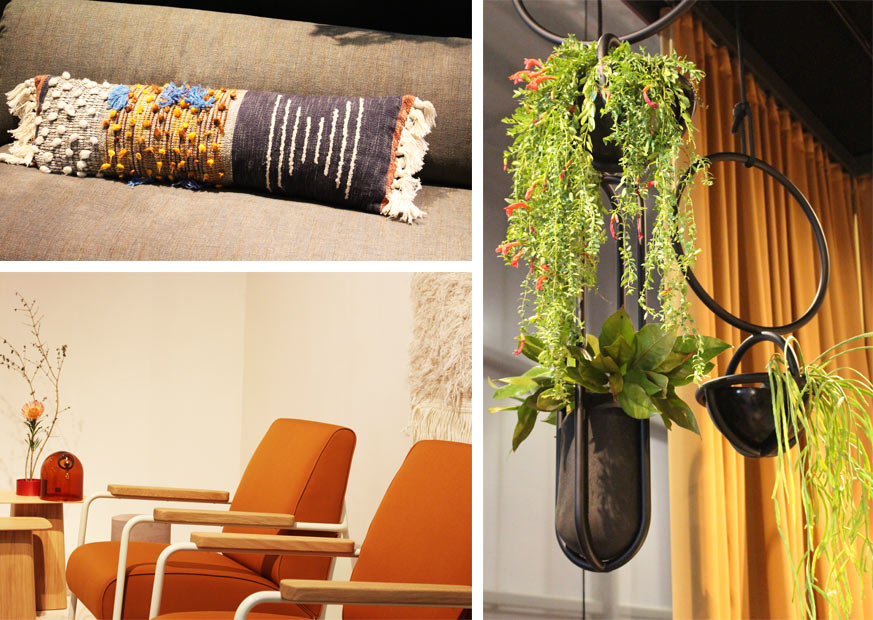 Collage déco seventies plantes suspendues fauteuils