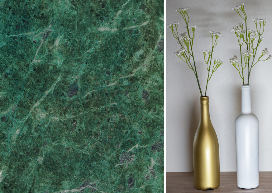 Collage of green marble contrasted with brass and white vases
