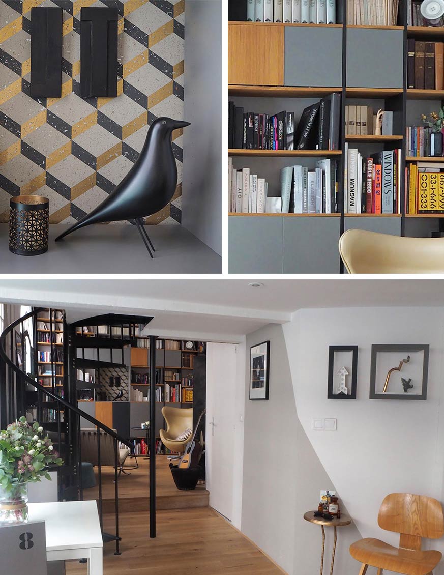 Collage de clichés de l'appartement avec bibliothèque MYCS grise et chêne avec des objets déco