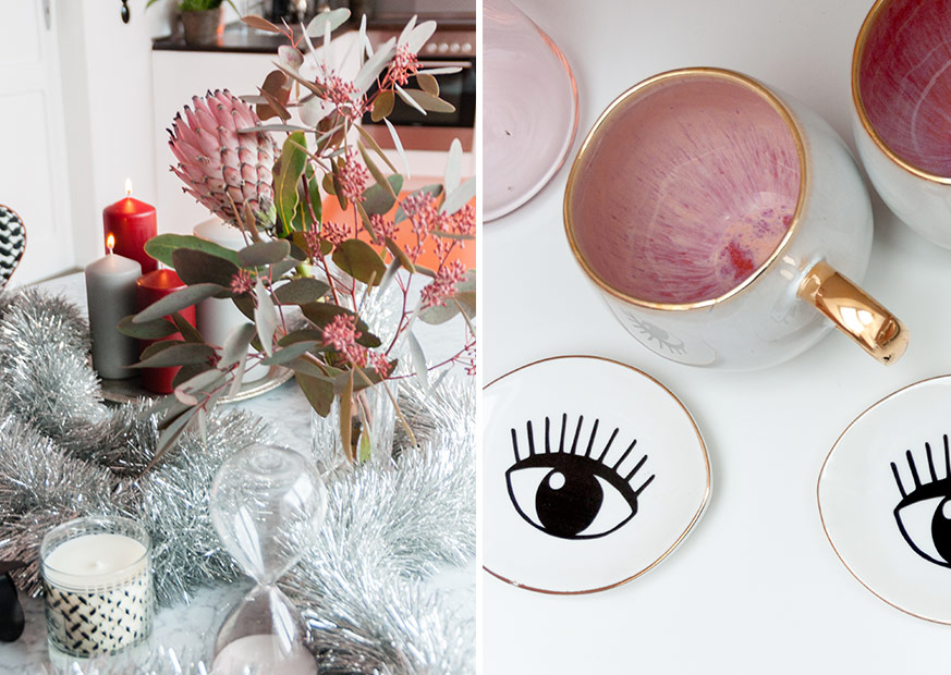 Collage aus floraler Tisch-Dekoration und Tassen in Rosa und Gold