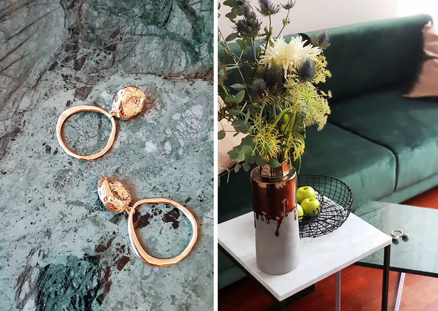 Collage of gold contrasted with Guatemala green marble, and white marble table accessorised with flowers
