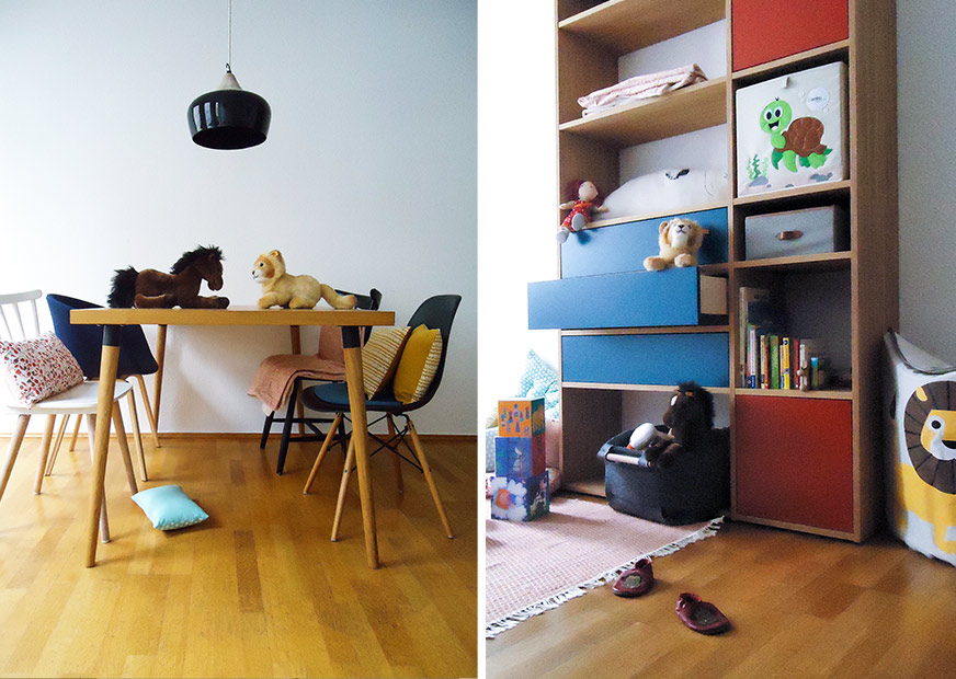 MYCS Esstisch und buntes Regal im Kinderzimmer